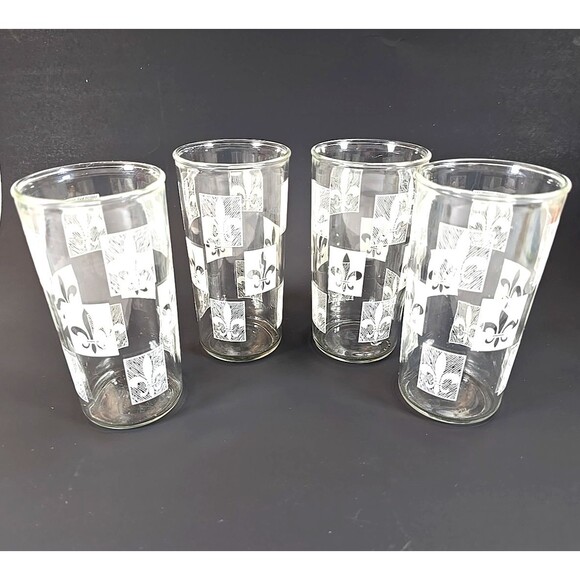 4 Vintage   Drinking Glasses MCM Mid-Century Fleur De Lis  Libbey - Picture 1 of 5